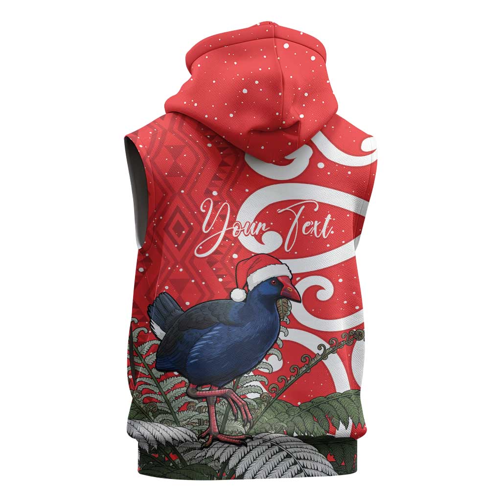 Personalized New Zealand Pukeko Christmas Sleeveless Zip Hoodie Meri Kirihimete Taniko Ponga Koru Red - Aussie Hoodie
