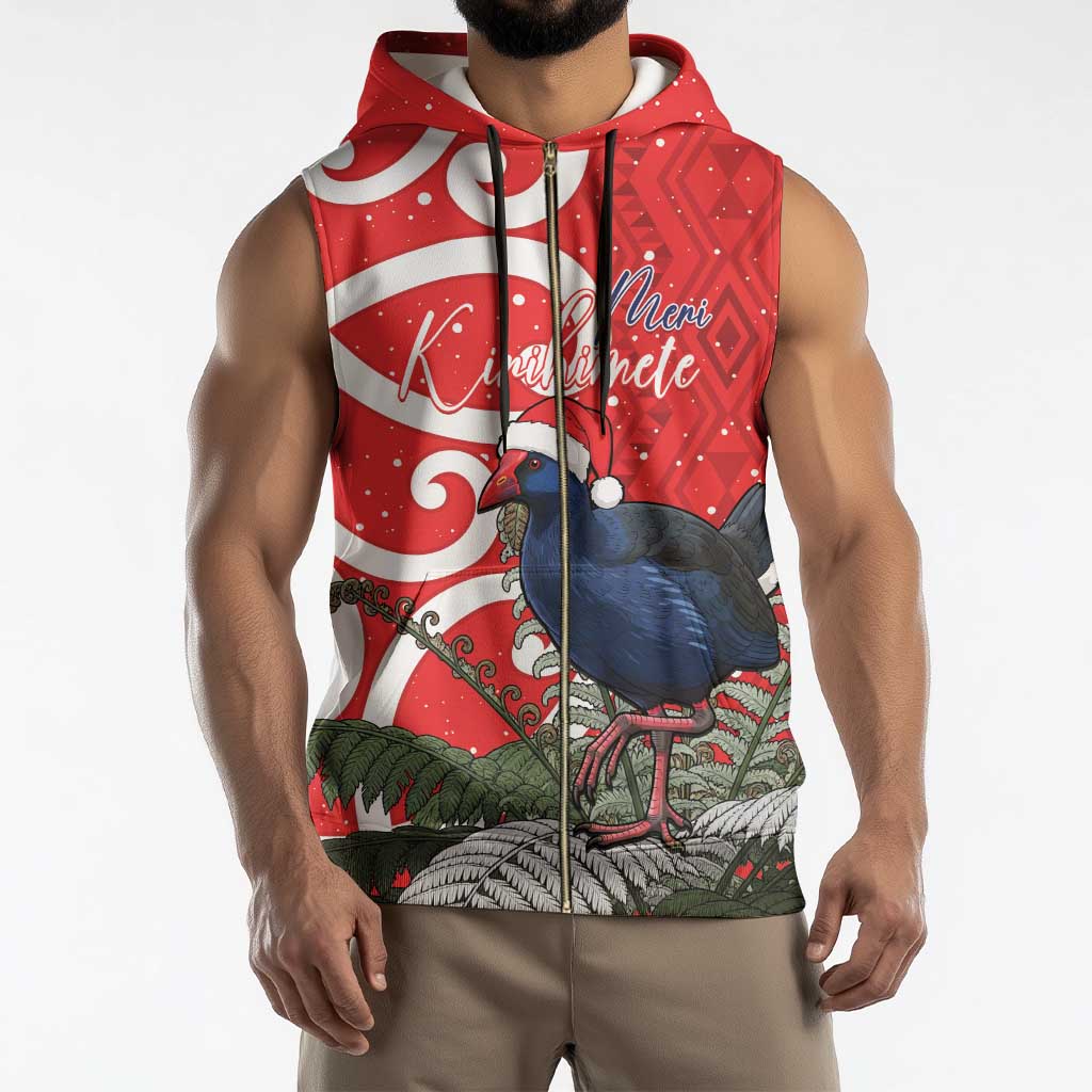 Personalized New Zealand Pukeko Christmas Sleeveless Zip Hoodie Meri Kirihimete Taniko Ponga Koru Red - Aussie Hoodie