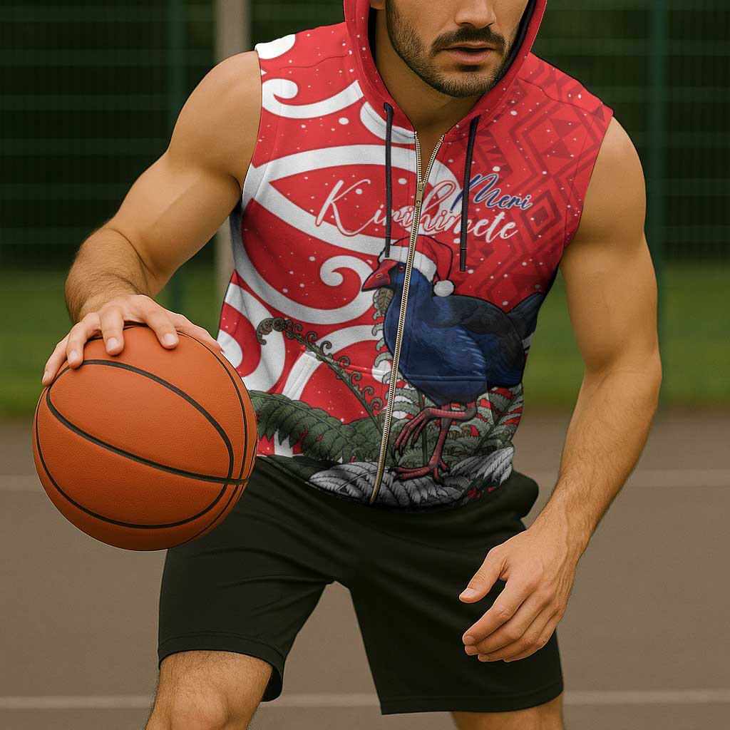Personalized New Zealand Pukeko Christmas Sleeveless Zip Hoodie Meri Kirihimete Taniko Ponga Koru Red - Aussie Hoodie