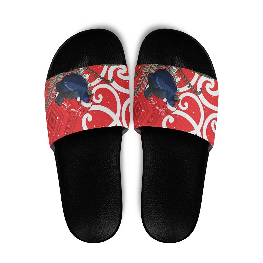 Personalized New Zealand Pukeko Christmas Slide Sandals Meri Kirihimete Taniko Ponga Koru Red - Aussie Hoodie