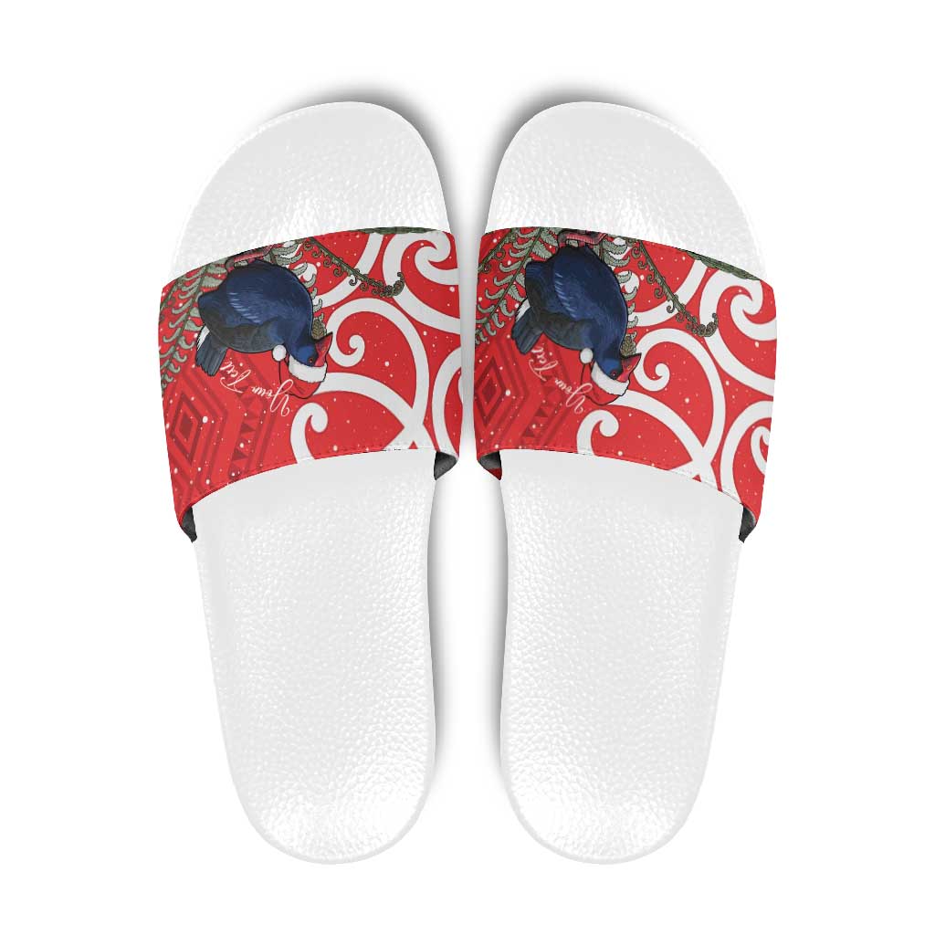Personalized New Zealand Pukeko Christmas Slide Sandals Meri Kirihimete Taniko Ponga Koru Red - Aussie Hoodie