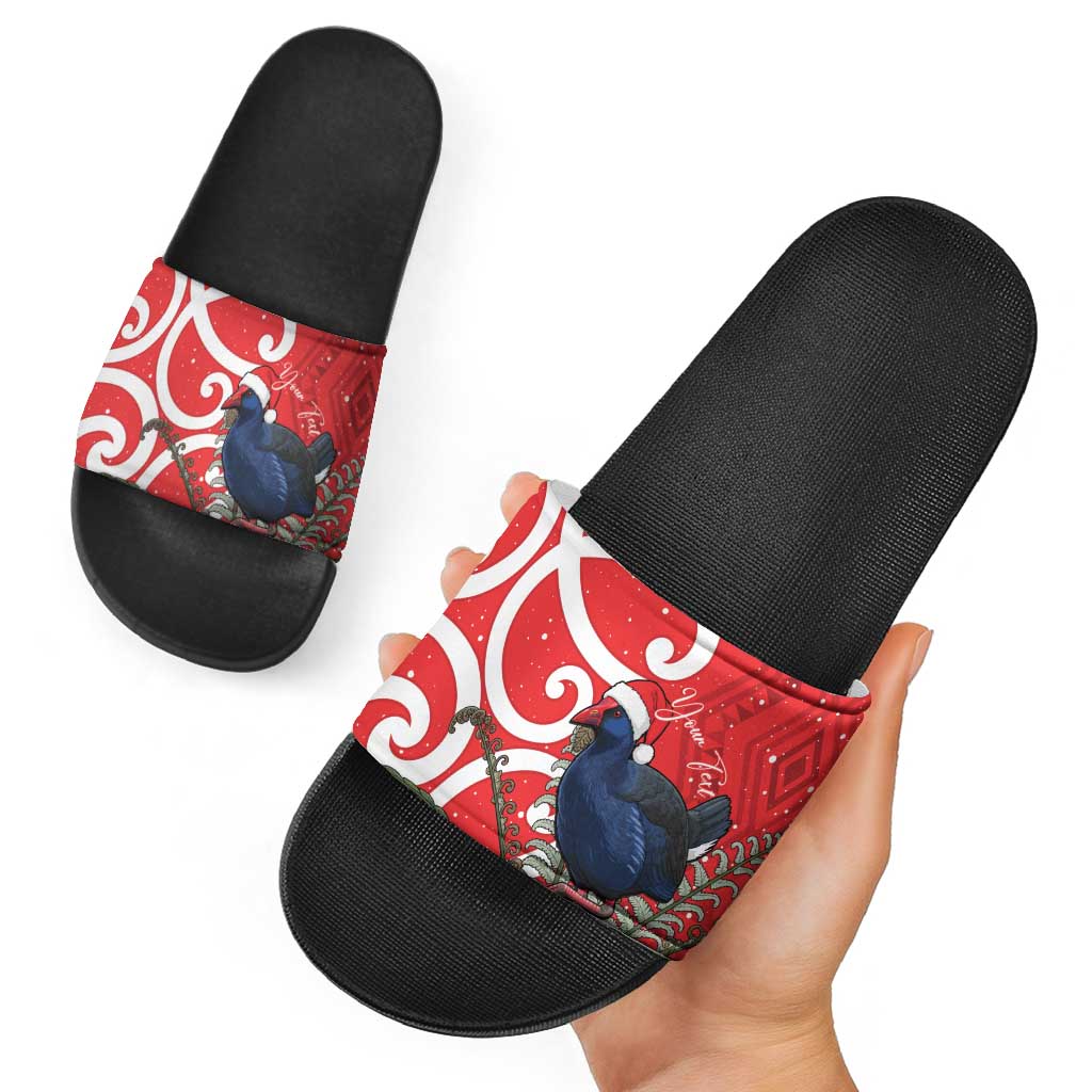 Personalized New Zealand Pukeko Christmas Slide Sandals Meri Kirihimete Taniko Ponga Koru Red - Aussie Hoodie