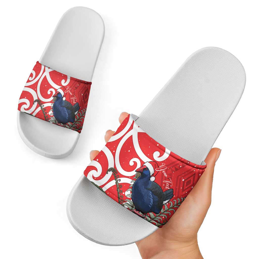 Personalized New Zealand Pukeko Christmas Slide Sandals Meri Kirihimete Taniko Ponga Koru Red - Aussie Hoodie