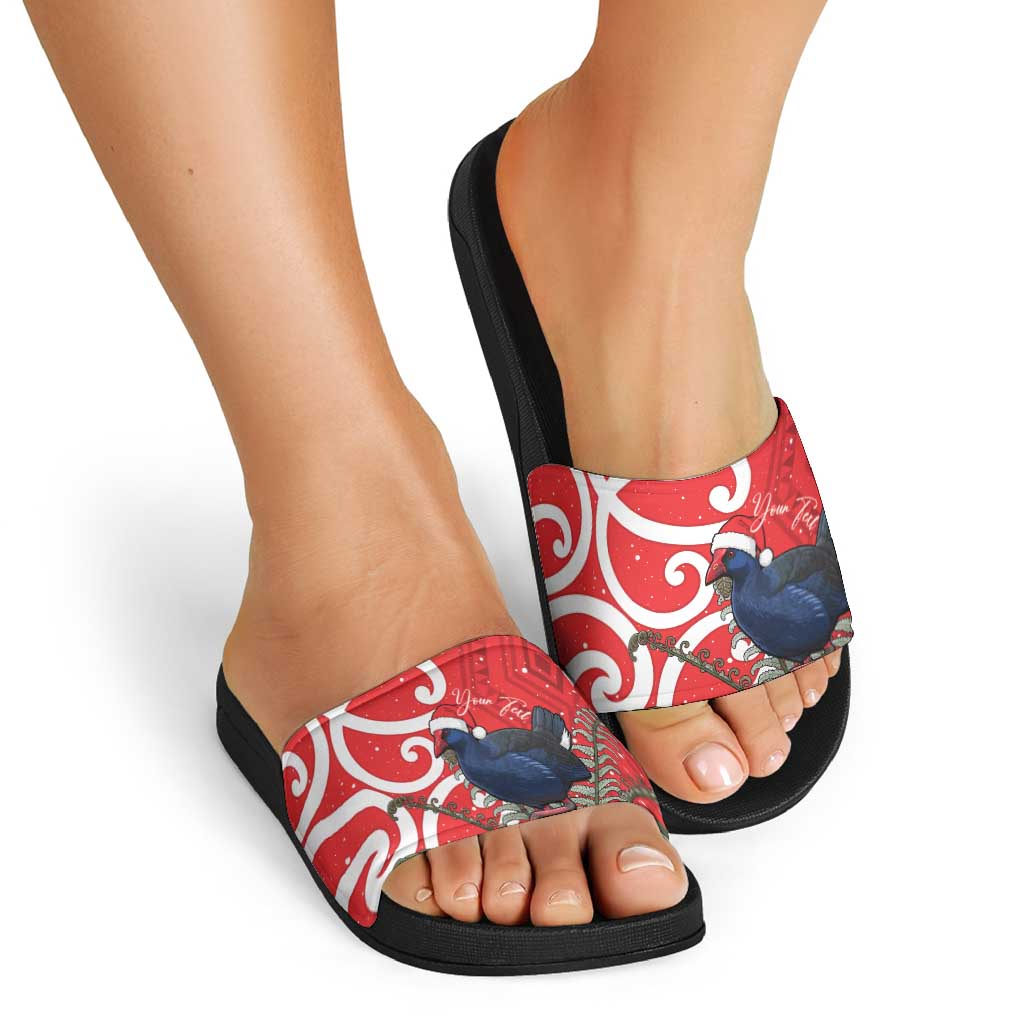 Personalized New Zealand Pukeko Christmas Slide Sandals Meri Kirihimete Taniko Ponga Koru Red - Aussie Hoodie