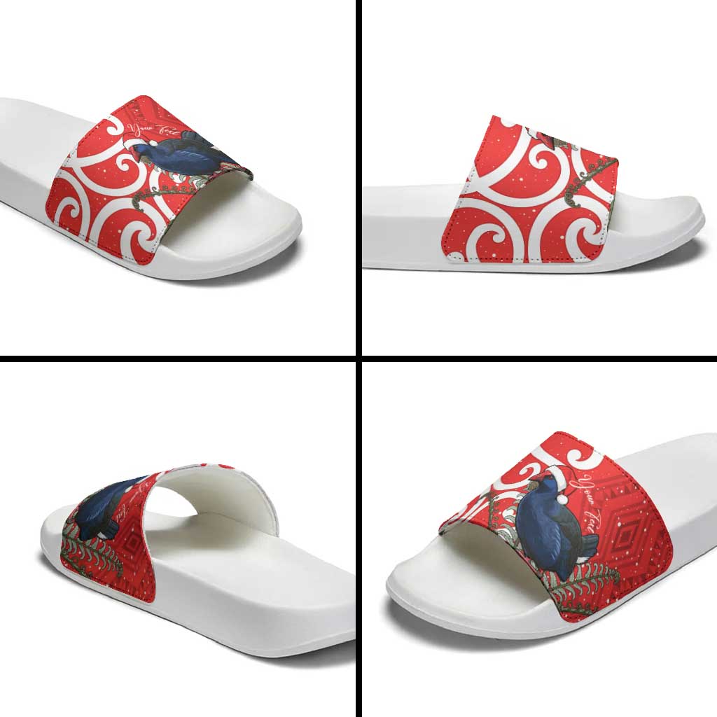 Personalized New Zealand Pukeko Christmas Slide Sandals Meri Kirihimete Taniko Ponga Koru Red - Aussie Hoodie