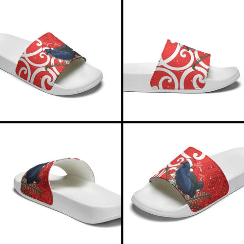 Personalized New Zealand Pukeko Christmas Slide Sandals Meri Kirihimete Taniko Ponga Koru Red - Aussie Hoodie