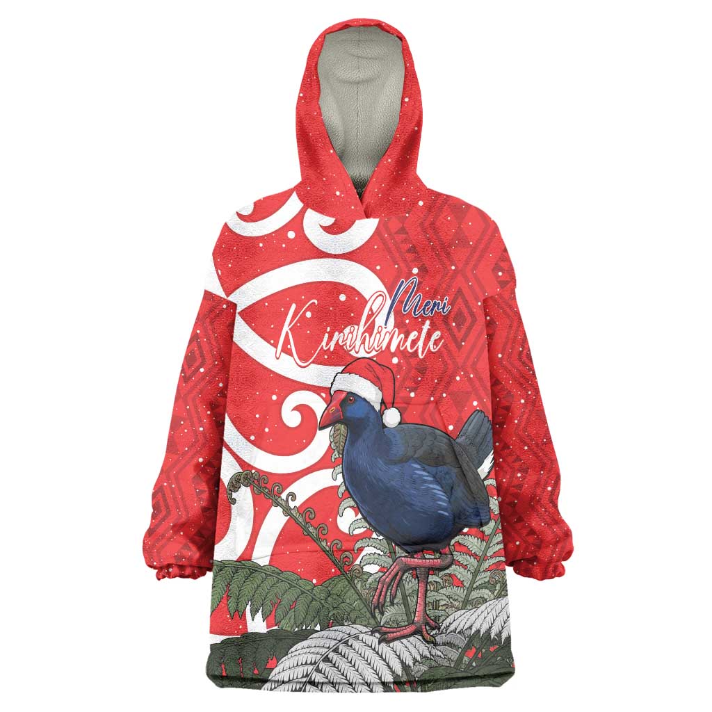 Personalized New Zealand Pukeko Christmas Wearable Blanket Hoodie Meri Kirihimete Taniko Ponga Koru Red - Aussie Hoodie