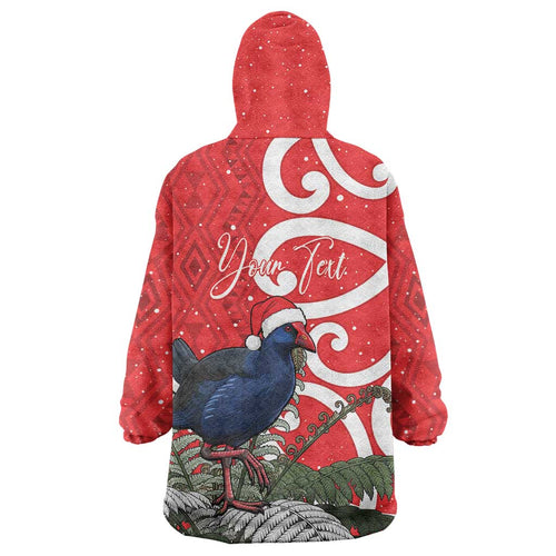 Personalized New Zealand Pukeko Christmas Wearable Blanket Hoodie Meri Kirihimete Taniko Ponga Koru Red - Aussie Hoodie
