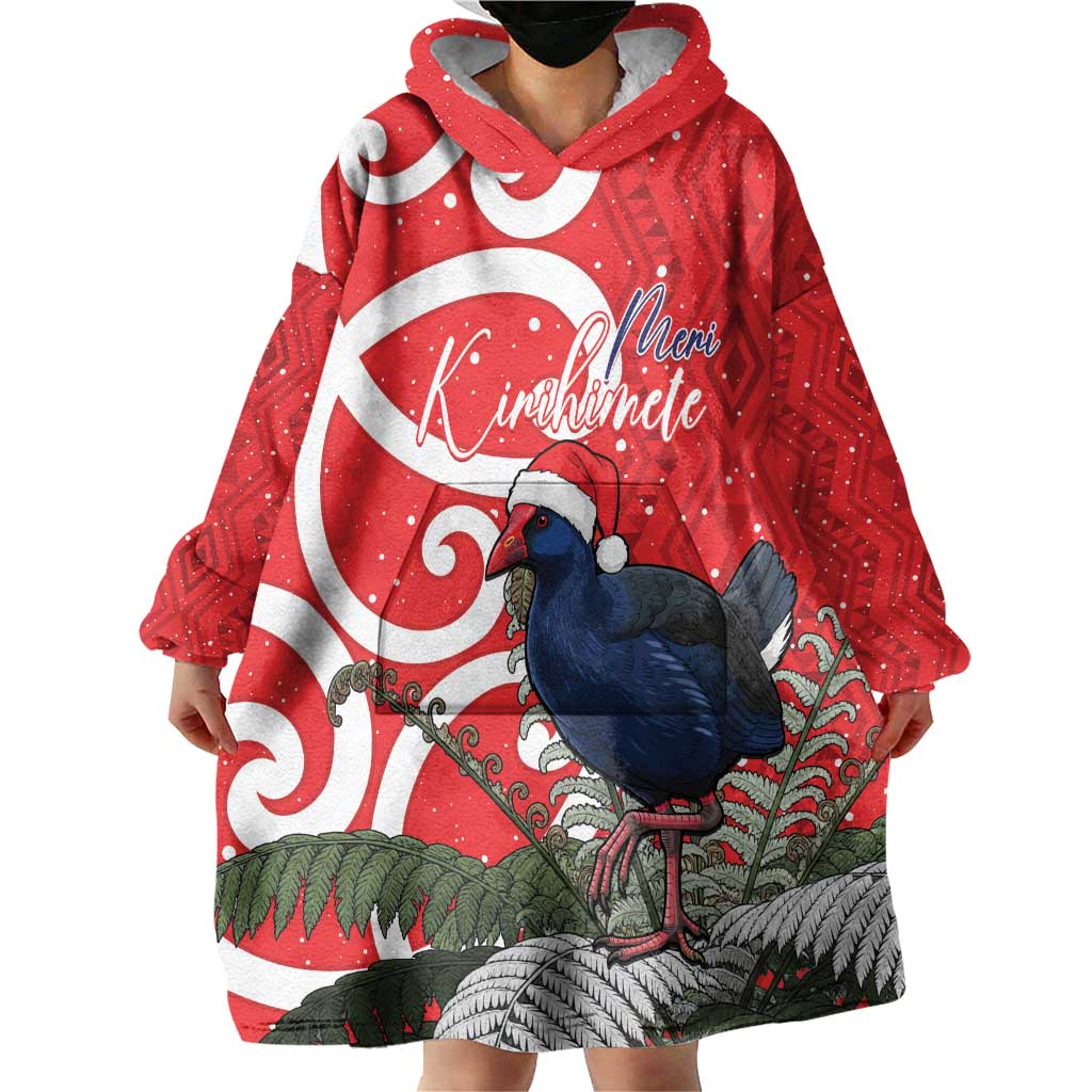 Personalized New Zealand Pukeko Christmas Wearable Blanket Hoodie Meri Kirihimete Taniko Ponga Koru Red - Aussie Hoodie