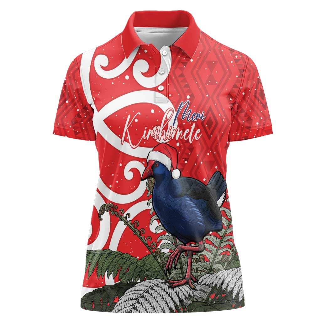 Personalized New Zealand Pukeko Christmas Women Polo Shirt Meri Kirihimete Taniko Ponga Koru Red - Aussie Hoodie