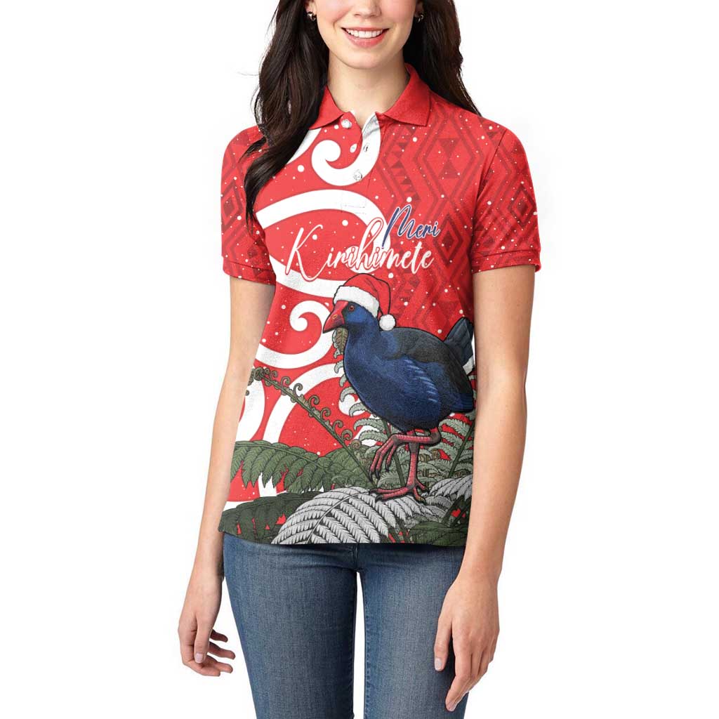 Personalized New Zealand Pukeko Christmas Women Polo Shirt Meri Kirihimete Taniko Ponga Koru Red - Aussie Hoodie