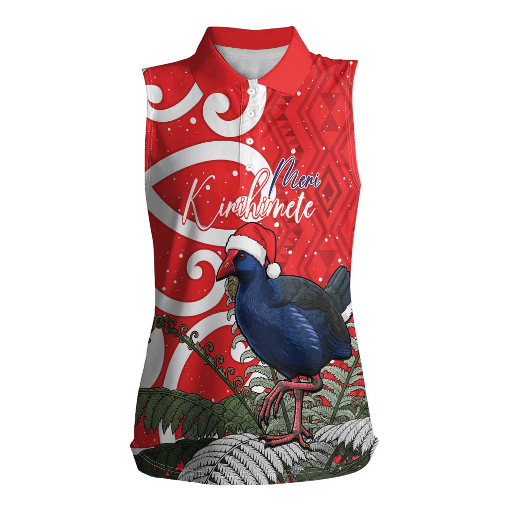 Personalized New Zealand Pukeko Christmas Women Sleeveless Polo Shirt Meri Kirihimete Taniko Ponga Koru Red - Aussie Hoodie
