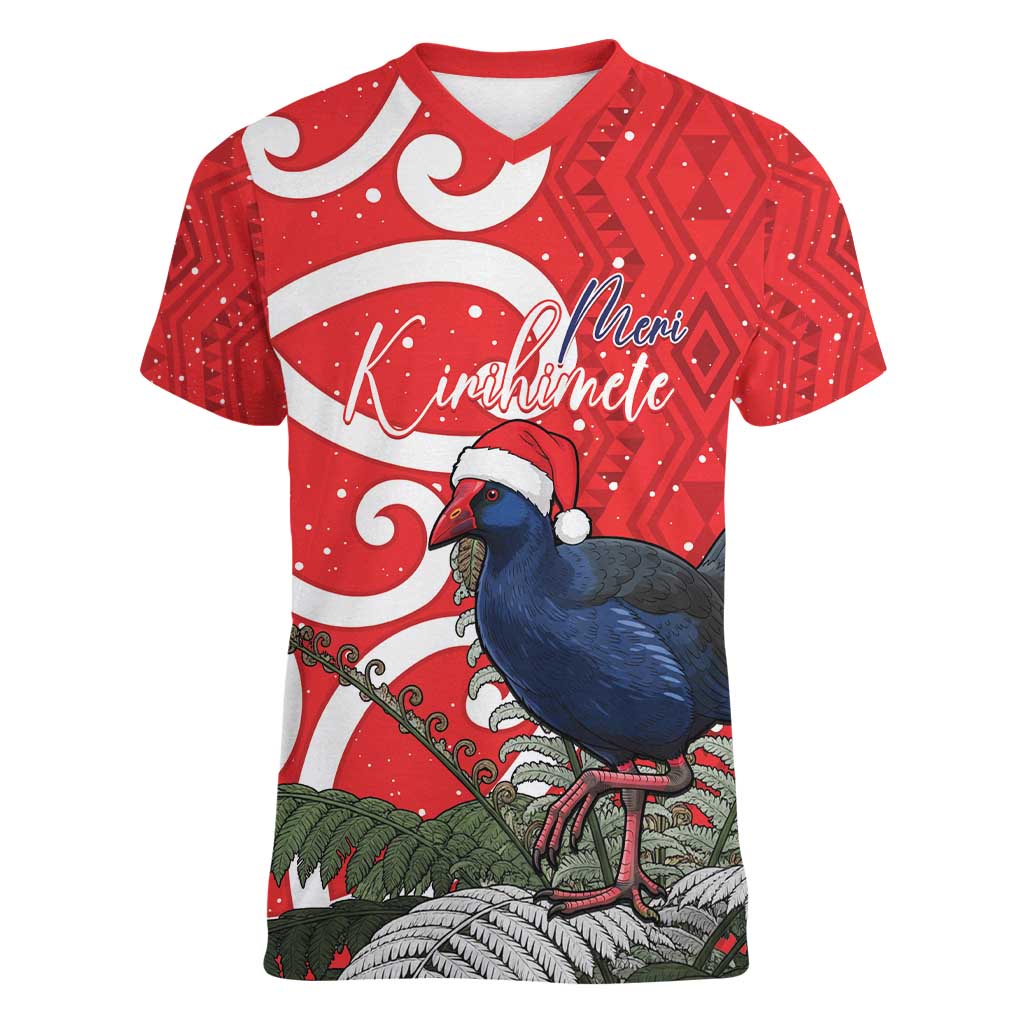 Personalized New Zealand Pukeko Christmas Women V-Neck T-Shirt Meri Kirihimete Taniko Ponga Koru Red - Aussie Hoodie