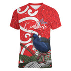 Personalized New Zealand Pukeko Christmas Women V-Neck T-Shirt Meri Kirihimete Taniko Ponga Koru Red - Aussie Hoodie
