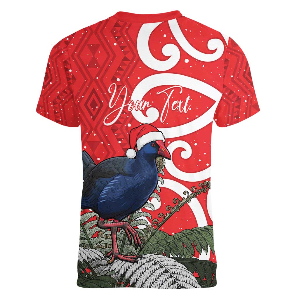 Personalized New Zealand Pukeko Christmas Women V-Neck T-Shirt Meri Kirihimete Taniko Ponga Koru Red - Aussie Hoodie