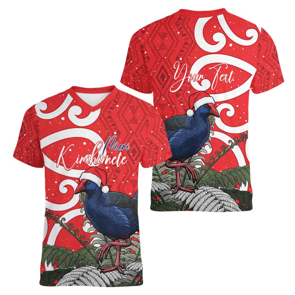 Personalized New Zealand Pukeko Christmas Women V-Neck T-Shirt Meri Kirihimete Taniko Ponga Koru Red - Aussie Hoodie
