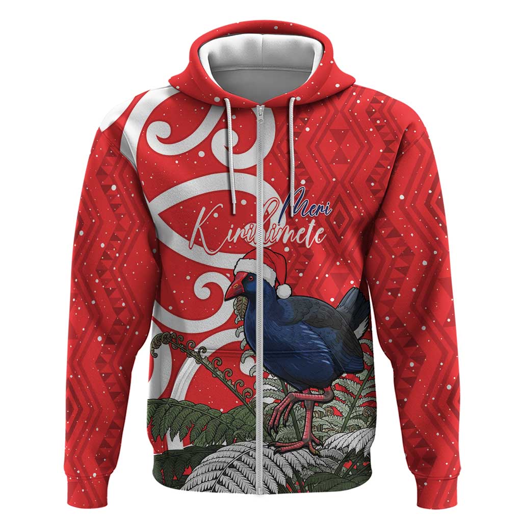 Personalized New Zealand Pukeko Christmas Zip Hoodie Meri Kirihimete Taniko Ponga Koru Red - Aussie Hoodie