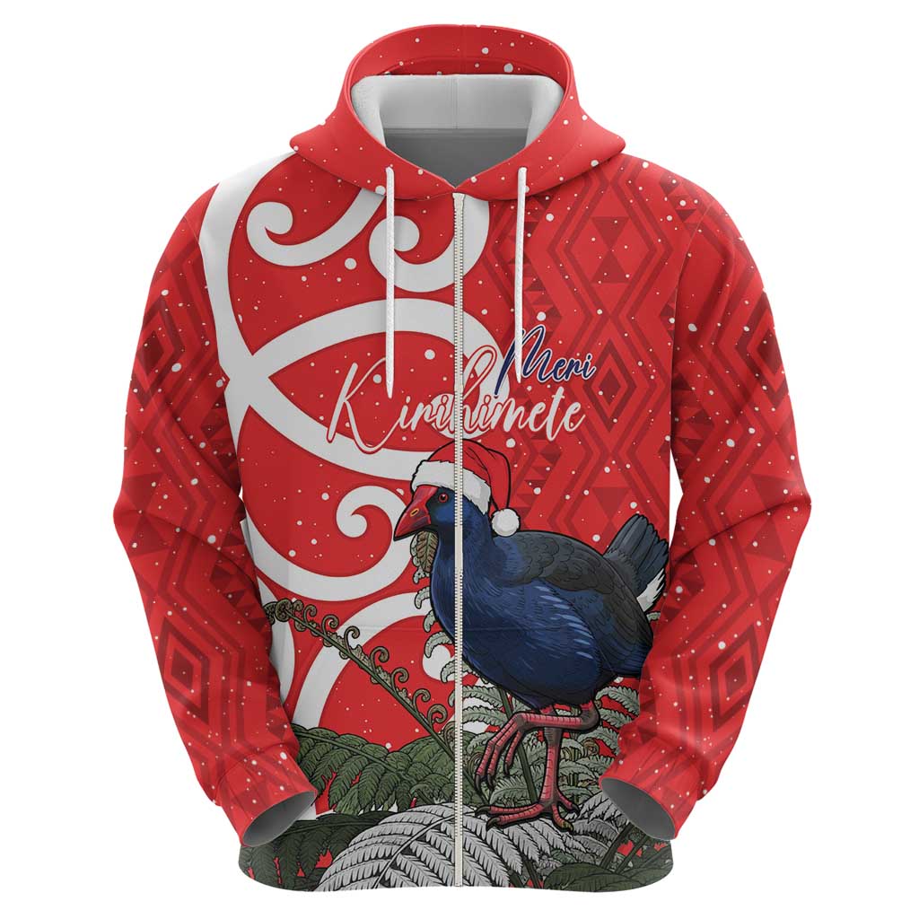 Personalized New Zealand Pukeko Christmas Zip Hoodie Meri Kirihimete Taniko Ponga Koru Red - Aussie Hoodie