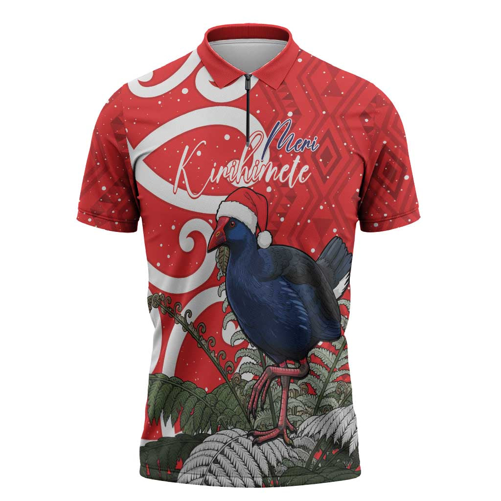 Personalized New Zealand Pukeko Christmas Zipper Polo Shirt Meri Kirihimete Taniko Ponga Koru Red - Aussie Hoodie