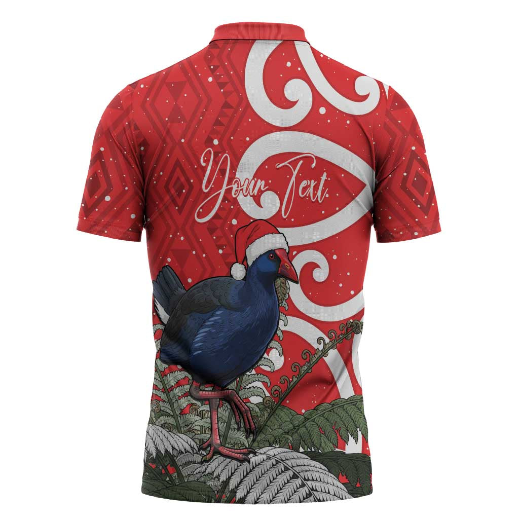 Personalized New Zealand Pukeko Christmas Zipper Polo Shirt Meri Kirihimete Taniko Ponga Koru Red - Aussie Hoodie