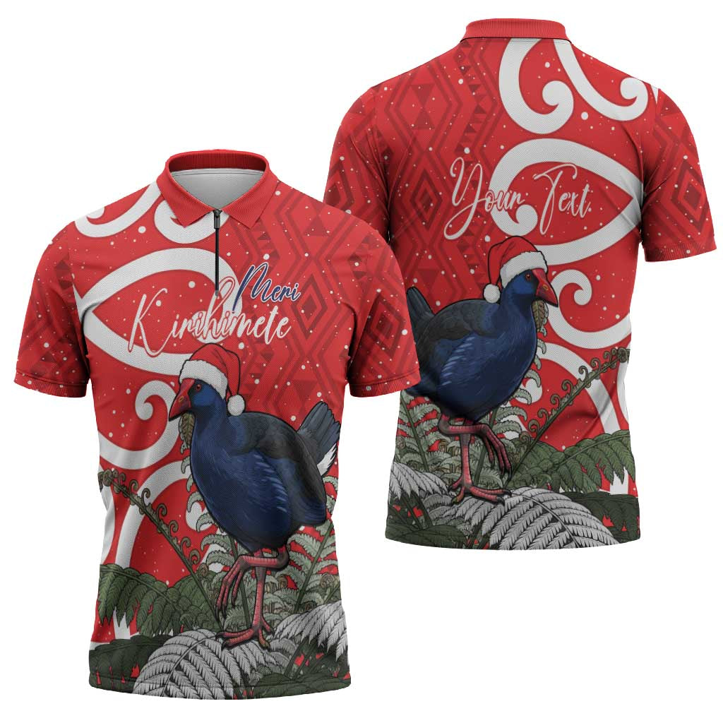 Personalized New Zealand Pukeko Christmas Zipper Polo Shirt Meri Kirihimete Taniko Ponga Koru Red - Aussie Hoodie