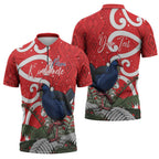 Personalized New Zealand Pukeko Christmas Zipper Polo Shirt Meri Kirihimete Taniko Ponga Koru Red - Aussie Hoodie