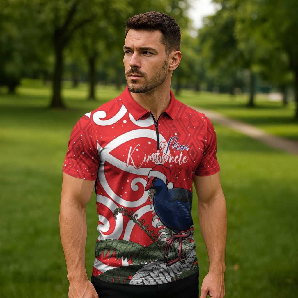Personalized New Zealand Pukeko Christmas Zipper Polo Shirt Meri Kirihimete Taniko Ponga Koru Red - Aussie Hoodie
