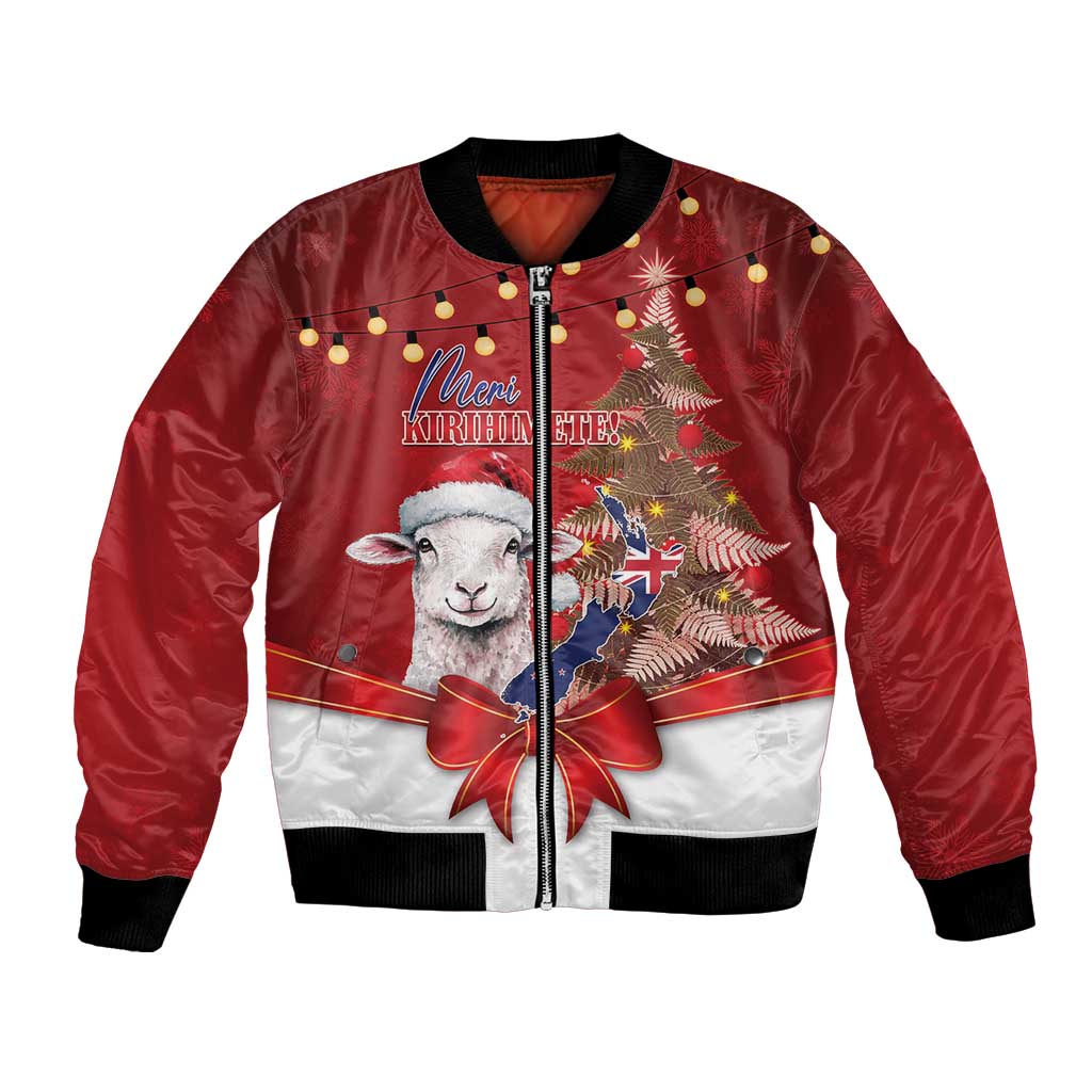 Personalized New Zealand Sheep Christmas Bomber Jacket Hipi Meri Kirihimete Silver Fern Xmas Tree - Aussie Hoodie