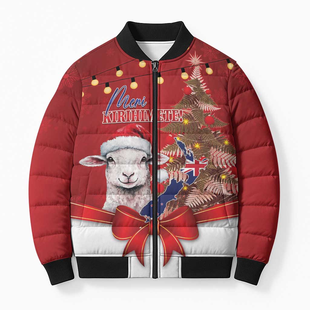 Personalized New Zealand Sheep Christmas Bomber Puffer Jacket Hipi Meri Kirihimete Silver Fern Xmas Tree - Aussie Hoodie