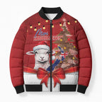 Personalized New Zealand Sheep Christmas Bomber Puffer Jacket Hipi Meri Kirihimete Silver Fern Xmas Tree - Aussie Hoodie