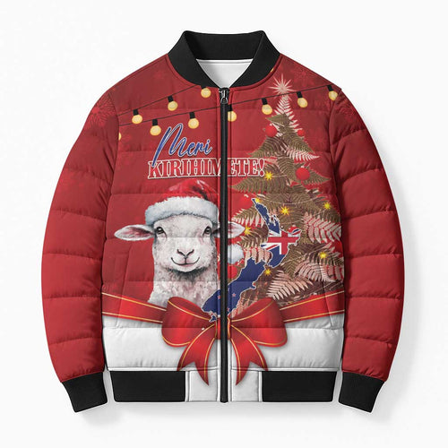Personalized New Zealand Sheep Christmas Bomber Puffer Jacket Hipi Meri Kirihimete Silver Fern Xmas Tree - Aussie Hoodie