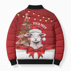 Personalized New Zealand Sheep Christmas Bomber Puffer Jacket Hipi Meri Kirihimete Silver Fern Xmas Tree - Aussie Hoodie