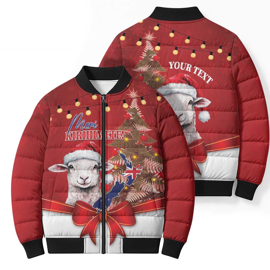 Personalized New Zealand Sheep Christmas Bomber Puffer Jacket Hipi Meri Kirihimete Silver Fern Xmas Tree - Aussie Hoodie
