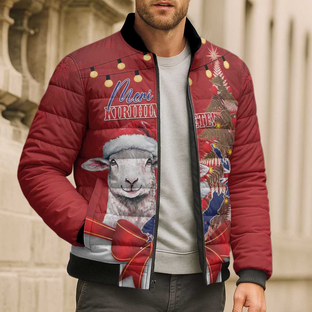 Personalized New Zealand Sheep Christmas Bomber Puffer Jacket Hipi Meri Kirihimete Silver Fern Xmas Tree - Aussie Hoodie