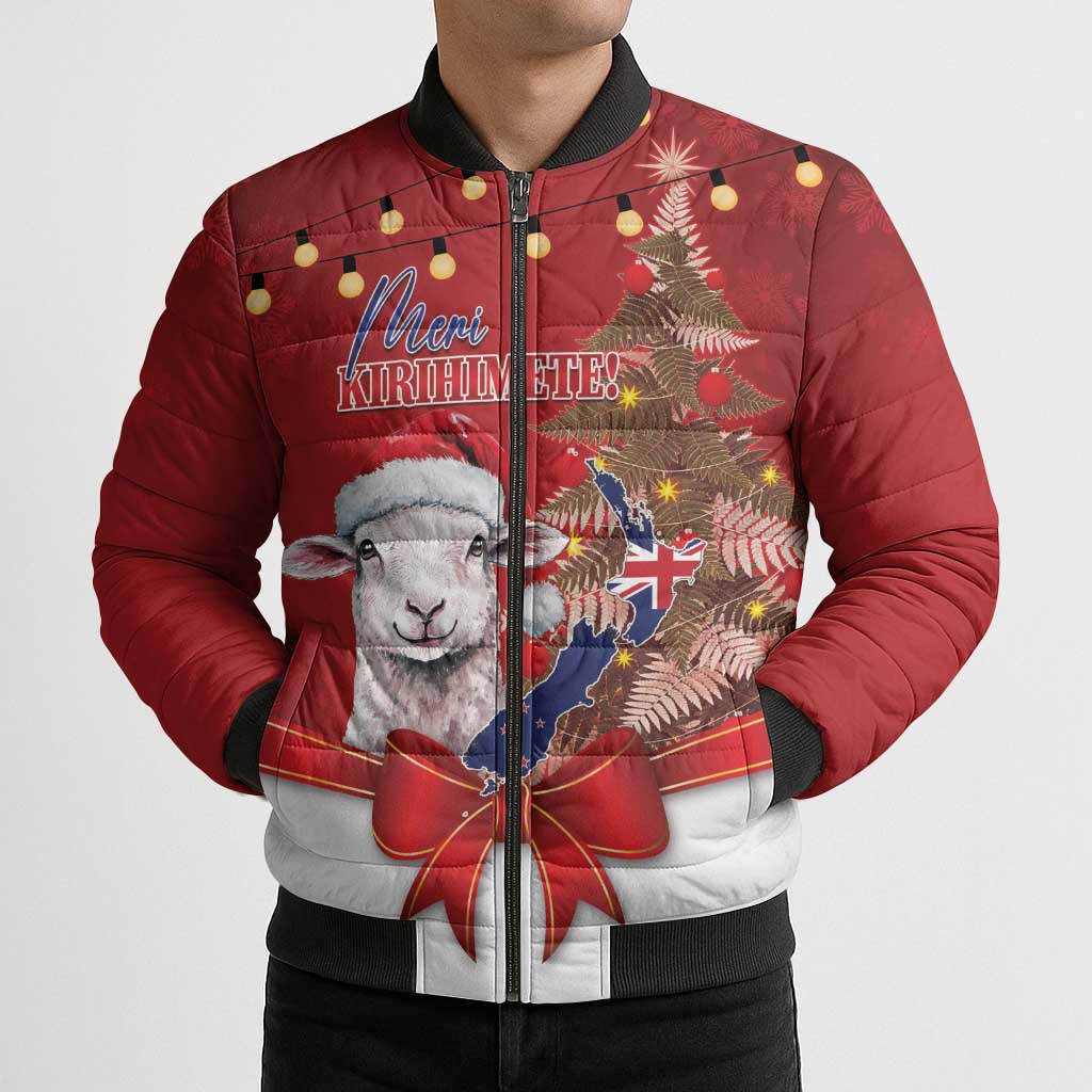 Personalized New Zealand Sheep Christmas Bomber Puffer Jacket Hipi Meri Kirihimete Silver Fern Xmas Tree - Aussie Hoodie