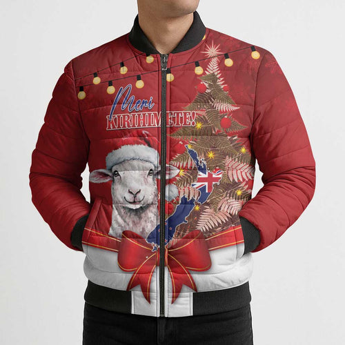 Personalized New Zealand Sheep Christmas Bomber Puffer Jacket Hipi Meri Kirihimete Silver Fern Xmas Tree - Aussie Hoodie
