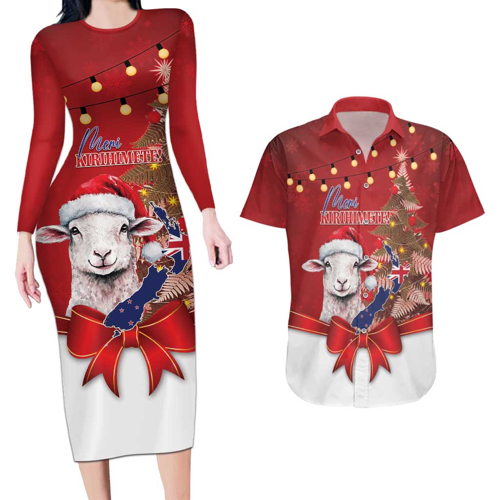 Personalized New Zealand Sheep Christmas Couples Matching Long Sleeve Bodycon Dress and Hawaiian Shirt Hipi Meri Kirihimete Silver Fern Xmas Tree - Aussie Hoodie