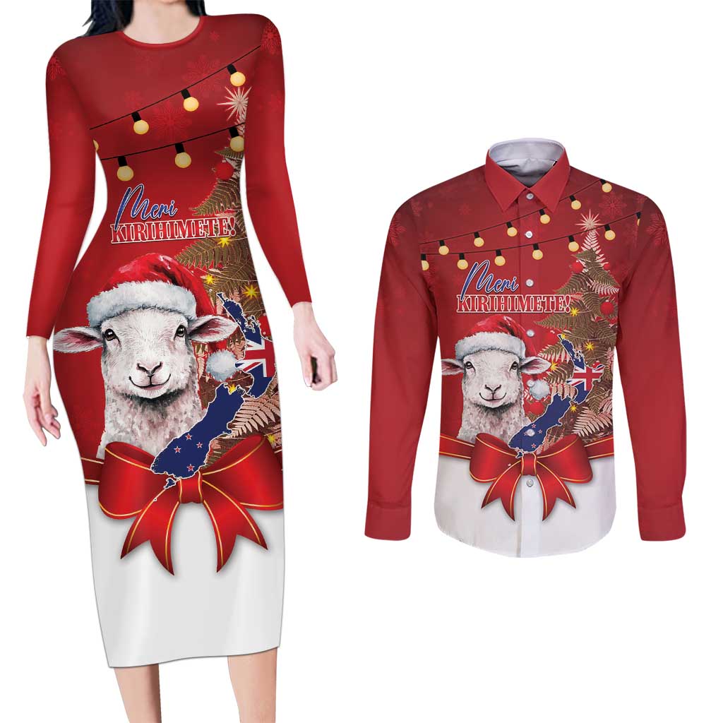 Personalized New Zealand Sheep Christmas Couples Matching Long Sleeve Bodycon Dress and Long Sleeve Button Shirt Hipi Meri Kirihimete Silver Fern Xmas Tree - Aussie Hoodie