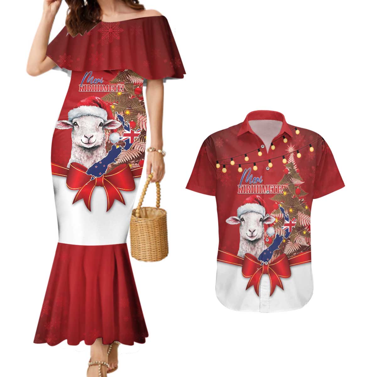 Personalized New Zealand Sheep Christmas Couples Matching Mermaid Dress and Hawaiian Shirt Hipi Meri Kirihimete Silver Fern Xmas Tree - Aussie Hoodie