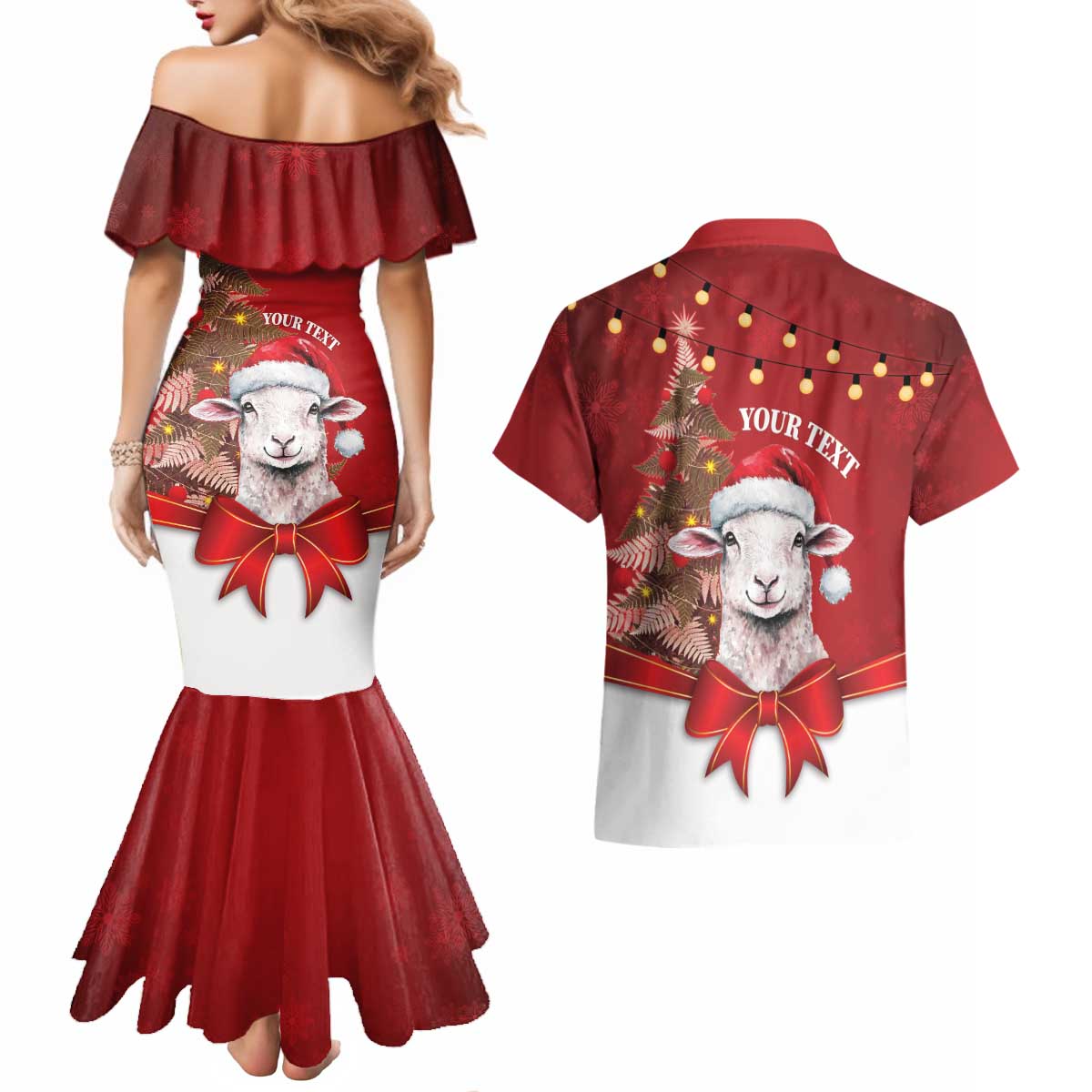 Personalized New Zealand Sheep Christmas Couples Matching Mermaid Dress and Hawaiian Shirt Hipi Meri Kirihimete Silver Fern Xmas Tree - Aussie Hoodie
