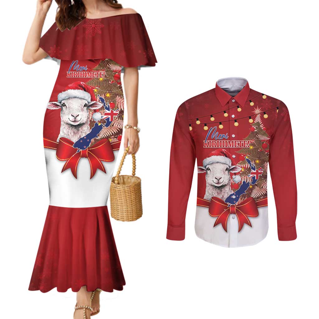 Personalized New Zealand Sheep Christmas Couples Matching Mermaid Dress and Long Sleeve Button Shirt Hipi Meri Kirihimete Silver Fern Xmas Tree - Aussie Hoodie
