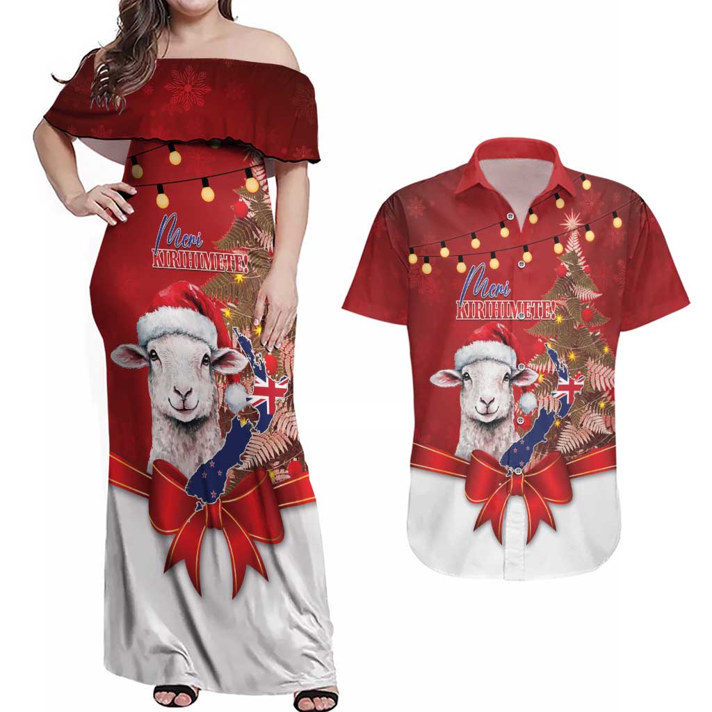 Personalized New Zealand Sheep Christmas Couples Matching Off Shoulder Maxi Dress and Hawaiian Shirt Hipi Meri Kirihimete Silver Fern Xmas Tree - Aussie Hoodie