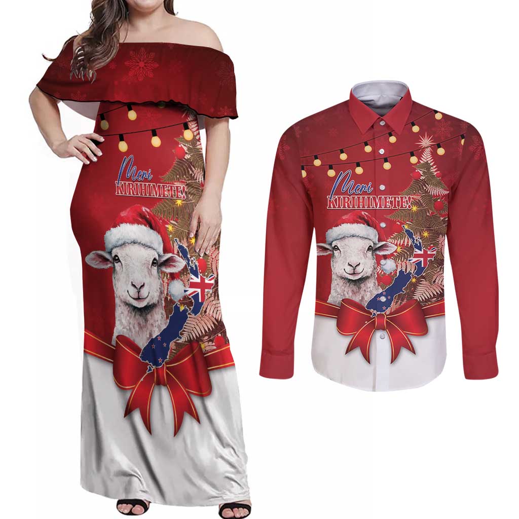 Personalized New Zealand Sheep Christmas Couples Matching Off Shoulder Maxi Dress and Long Sleeve Button Shirt Hipi Meri Kirihimete Silver Fern Xmas Tree - Aussie Hoodie