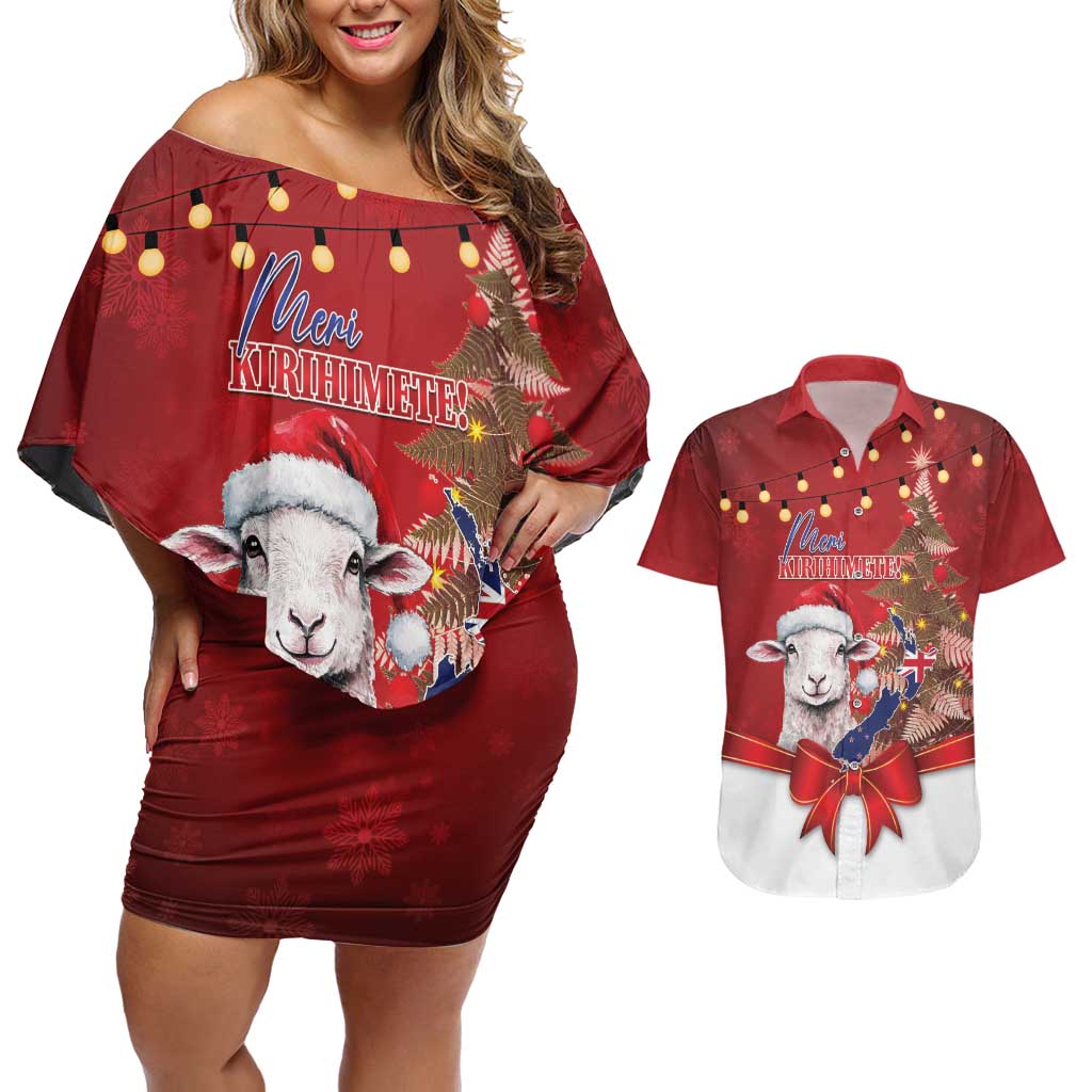 Personalized New Zealand Sheep Christmas Couples Matching Off Shoulder Short Dress and Hawaiian Shirt Hipi Meri Kirihimete Silver Fern Xmas Tree - Aussie Hoodie