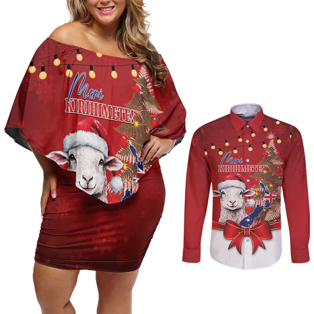 Personalized New Zealand Sheep Christmas Couples Matching Off Shoulder Short Dress and Long Sleeve Button Shirt Hipi Meri Kirihimete Silver Fern Xmas Tree - Aussie Hoodie