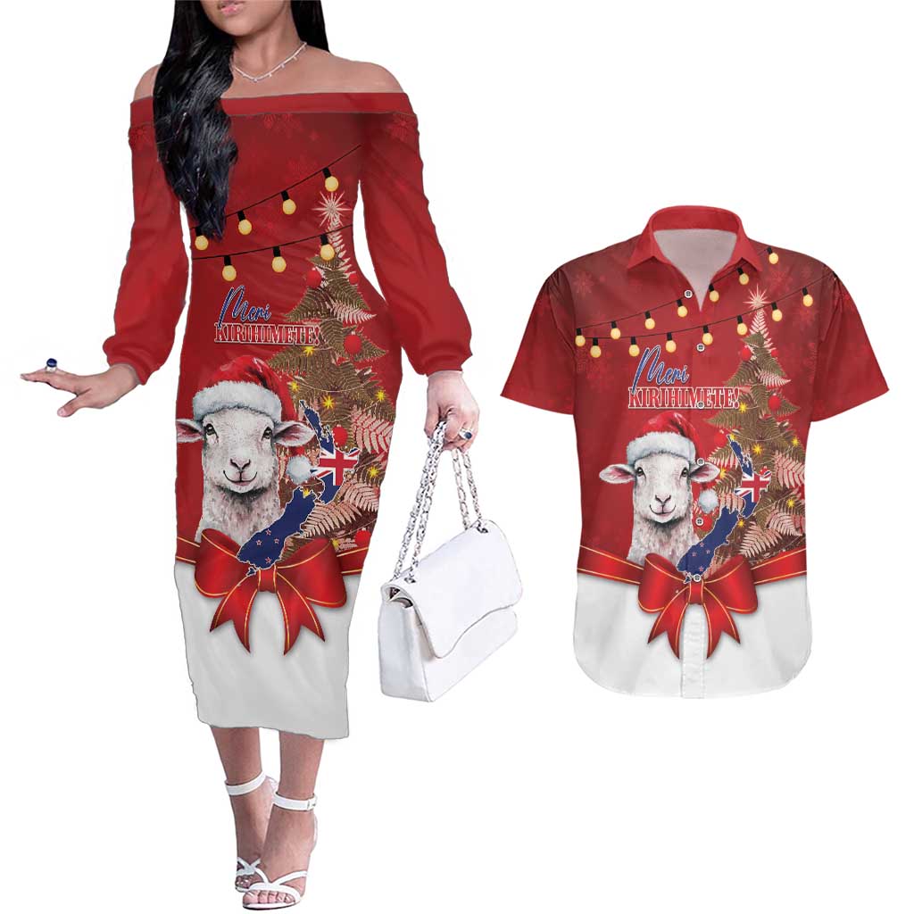 Personalized New Zealand Sheep Christmas Couples Matching Off The Shoulder Long Sleeve Dress and Hawaiian Shirt Hipi Meri Kirihimete Silver Fern Xmas Tree - Aussie Hoodie