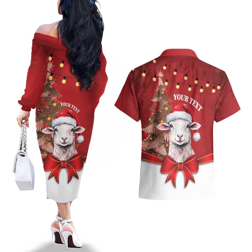 Personalized New Zealand Sheep Christmas Couples Matching Off The Shoulder Long Sleeve Dress and Hawaiian Shirt Hipi Meri Kirihimete Silver Fern Xmas Tree - Aussie Hoodie