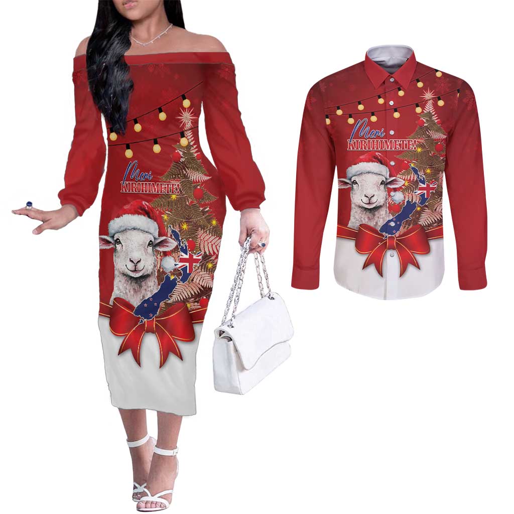 Personalized New Zealand Sheep Christmas Couples Matching Off The Shoulder Long Sleeve Dress and Long Sleeve Button Shirt Hipi Meri Kirihimete Silver Fern Xmas Tree - Aussie Hoodie