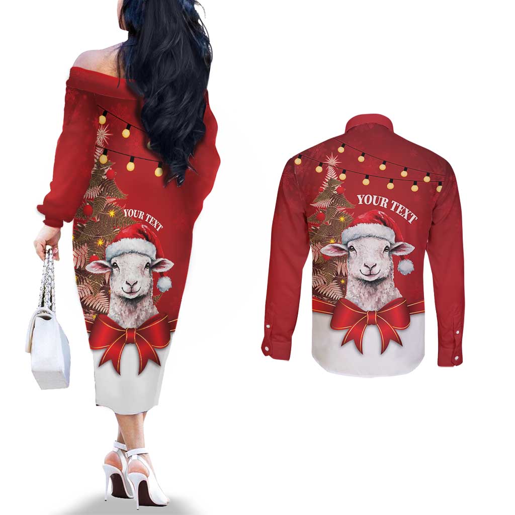 Personalized New Zealand Sheep Christmas Couples Matching Off The Shoulder Long Sleeve Dress and Long Sleeve Button Shirt Hipi Meri Kirihimete Silver Fern Xmas Tree - Aussie Hoodie