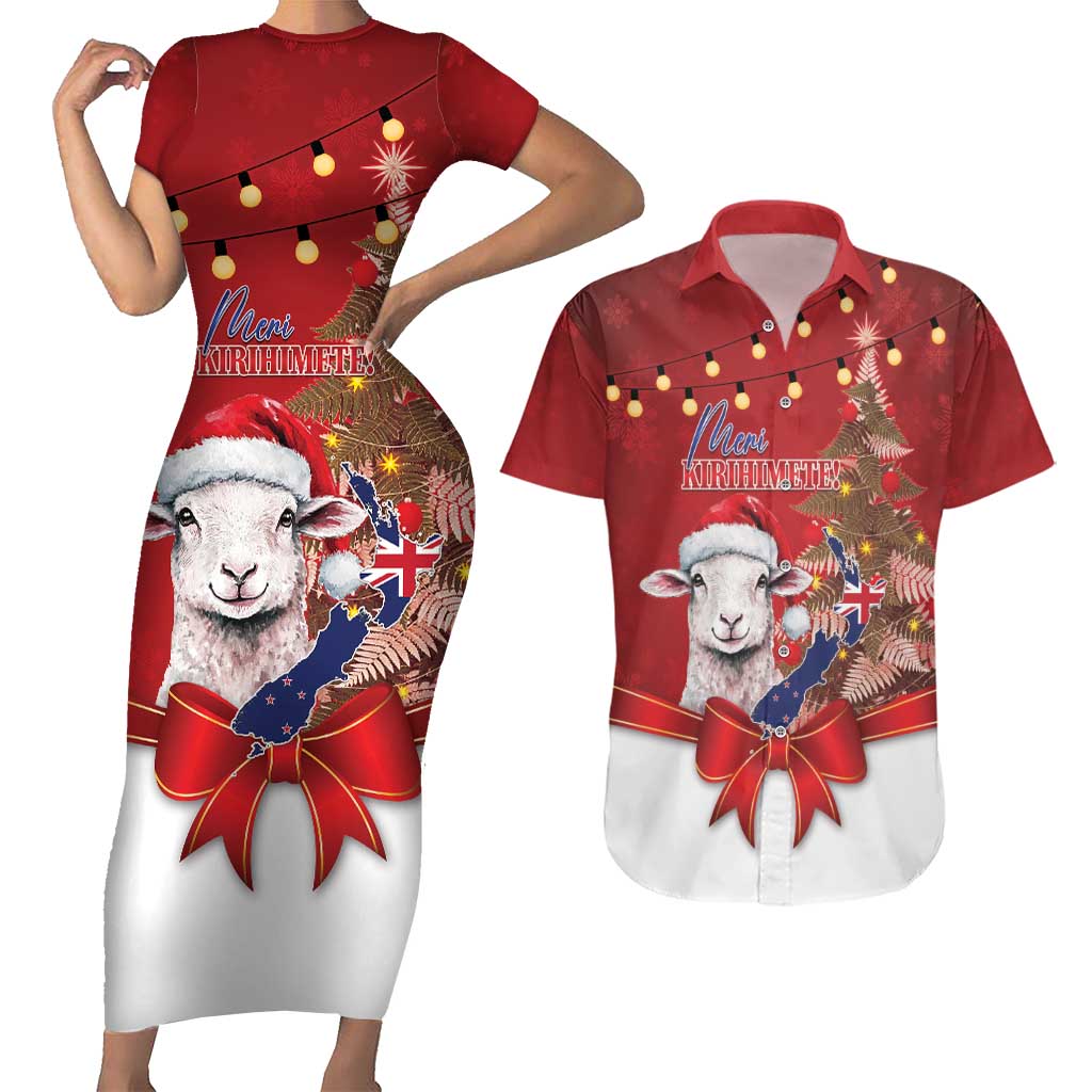 Personalized New Zealand Sheep Christmas Couples Matching Short Sleeve Bodycon Dress and Hawaiian Shirt Hipi Meri Kirihimete Silver Fern Xmas Tree - Aussie Hoodie